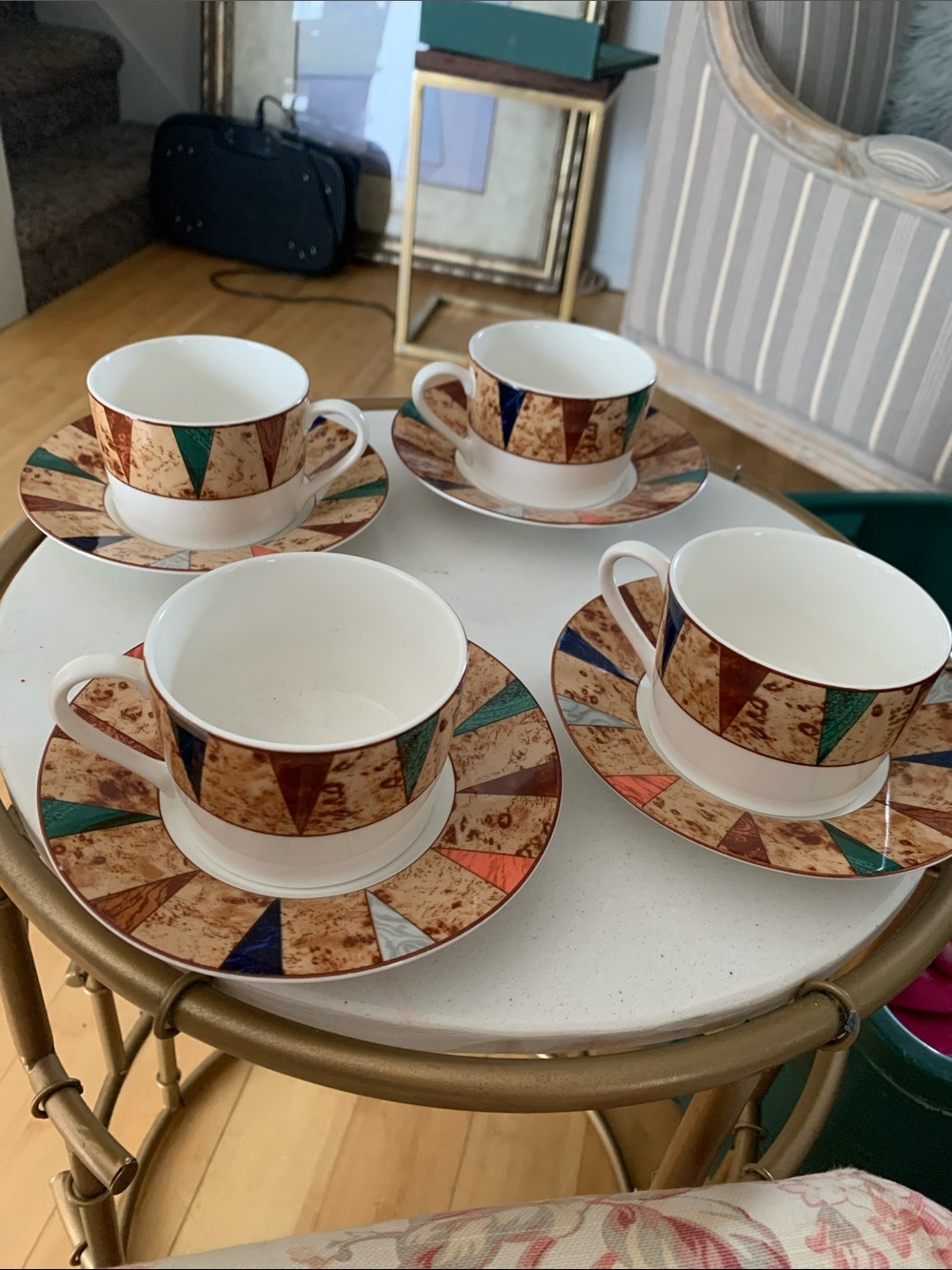 Ceramic White Mugs & saucers with Brown Band and Green & Blue Accents - Set of 4